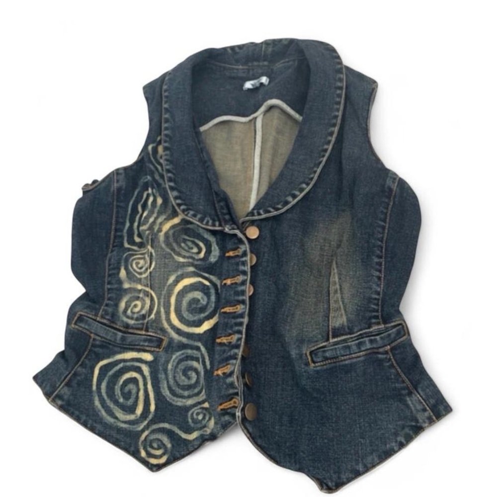 Cache Blue Denim Vest with Swirl Detail Size 12
